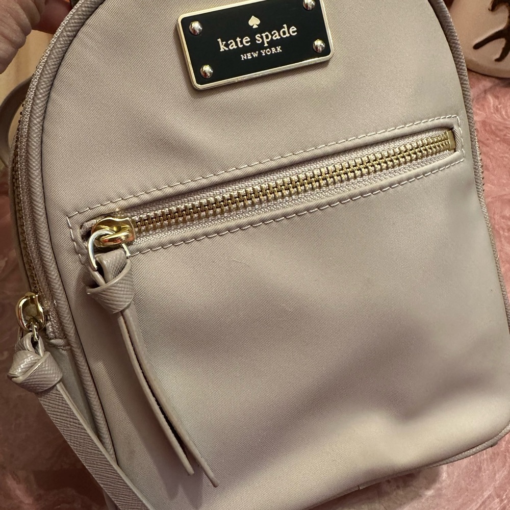 Kate Spade Minimalism Light Grey Backpack with Washed Gold Accents.